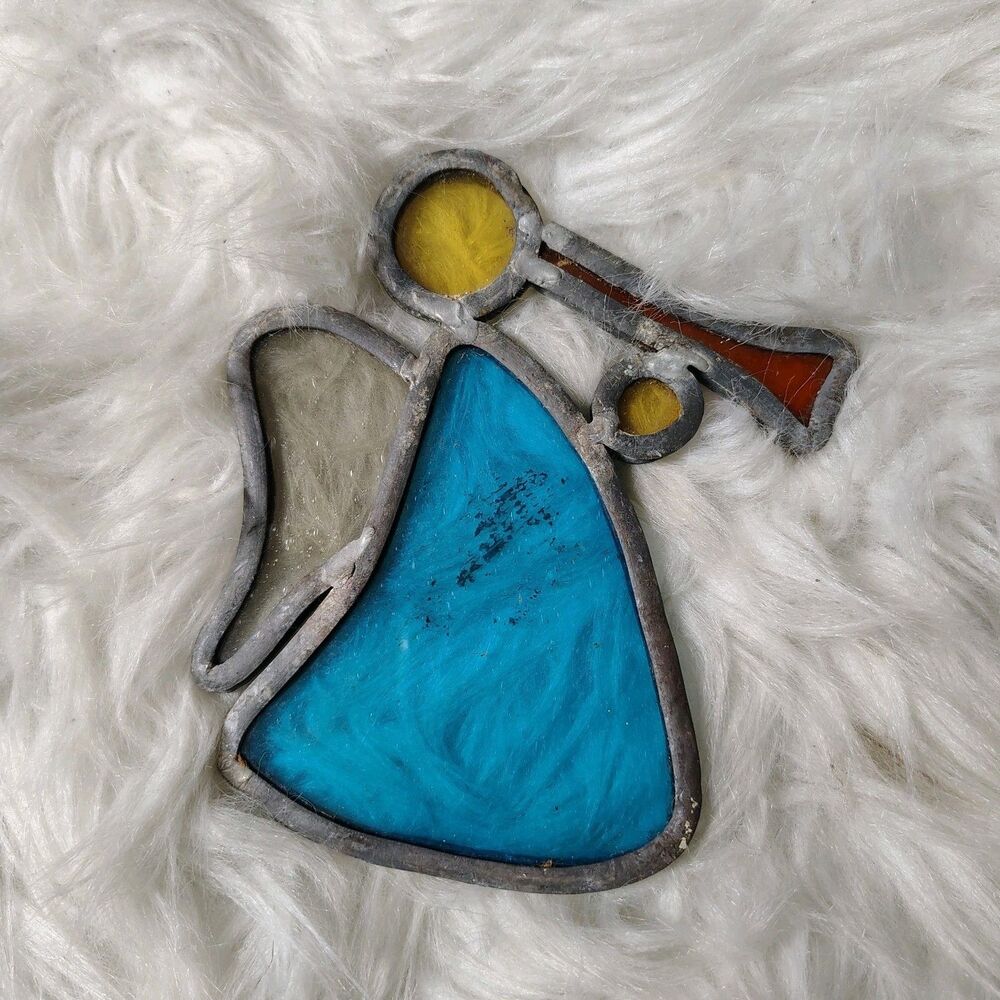 Handmade VTG Stained Glass Angel Sun Catcher With Horn